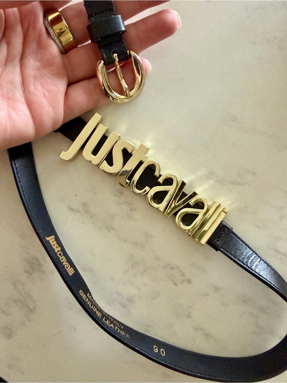Just Cavalli Black Leather Belt with Gold Logo Plaque